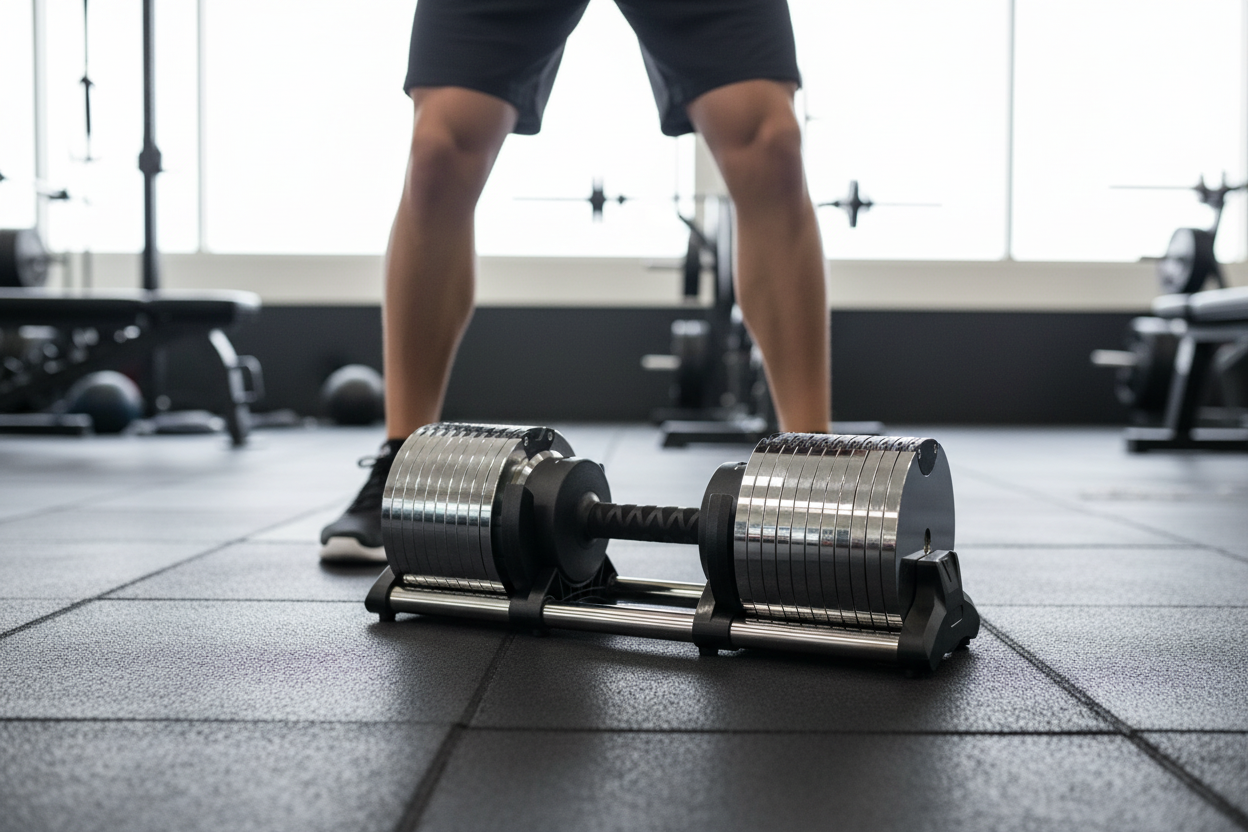 Dumbbell op grond met persoon erachter
